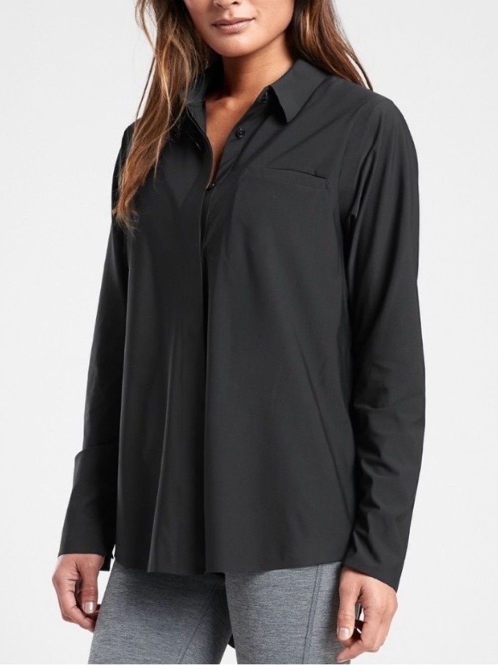 Athleta Urbanite 2.0 Button Up Long Sleeve Black Collard Shirt Top‎ Blouse XS